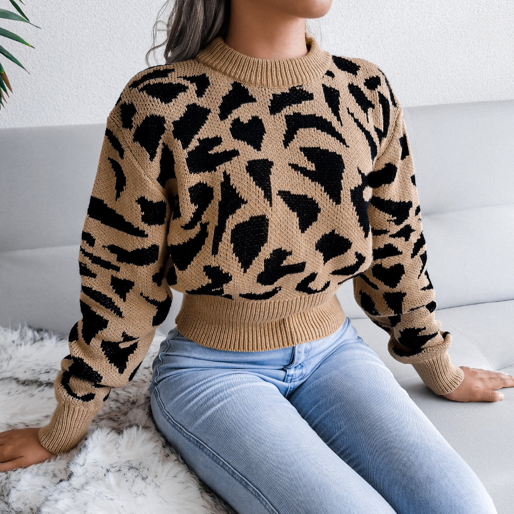Women Casual Leopard Print Cinched Knit Cropped Sweater