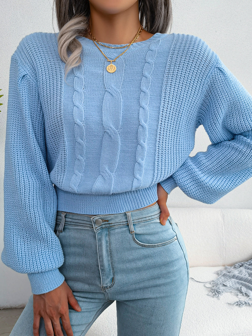 Women Casual Cable Knit Lantern Sleeve Cinched Sweater