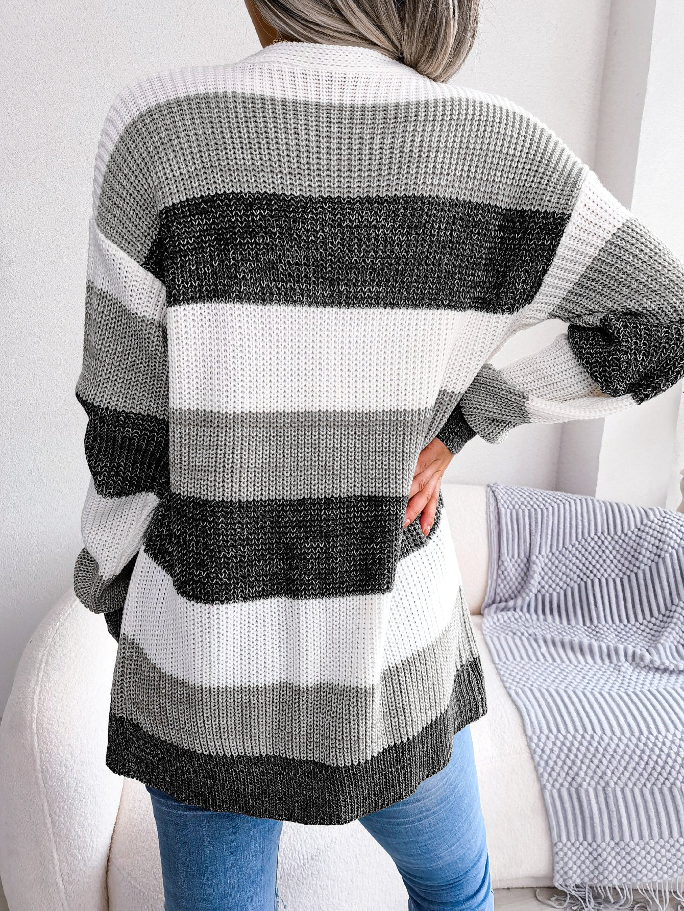 Women Color Block Stripe Lantern Sleeve Casual Cardigan Sweater Coat