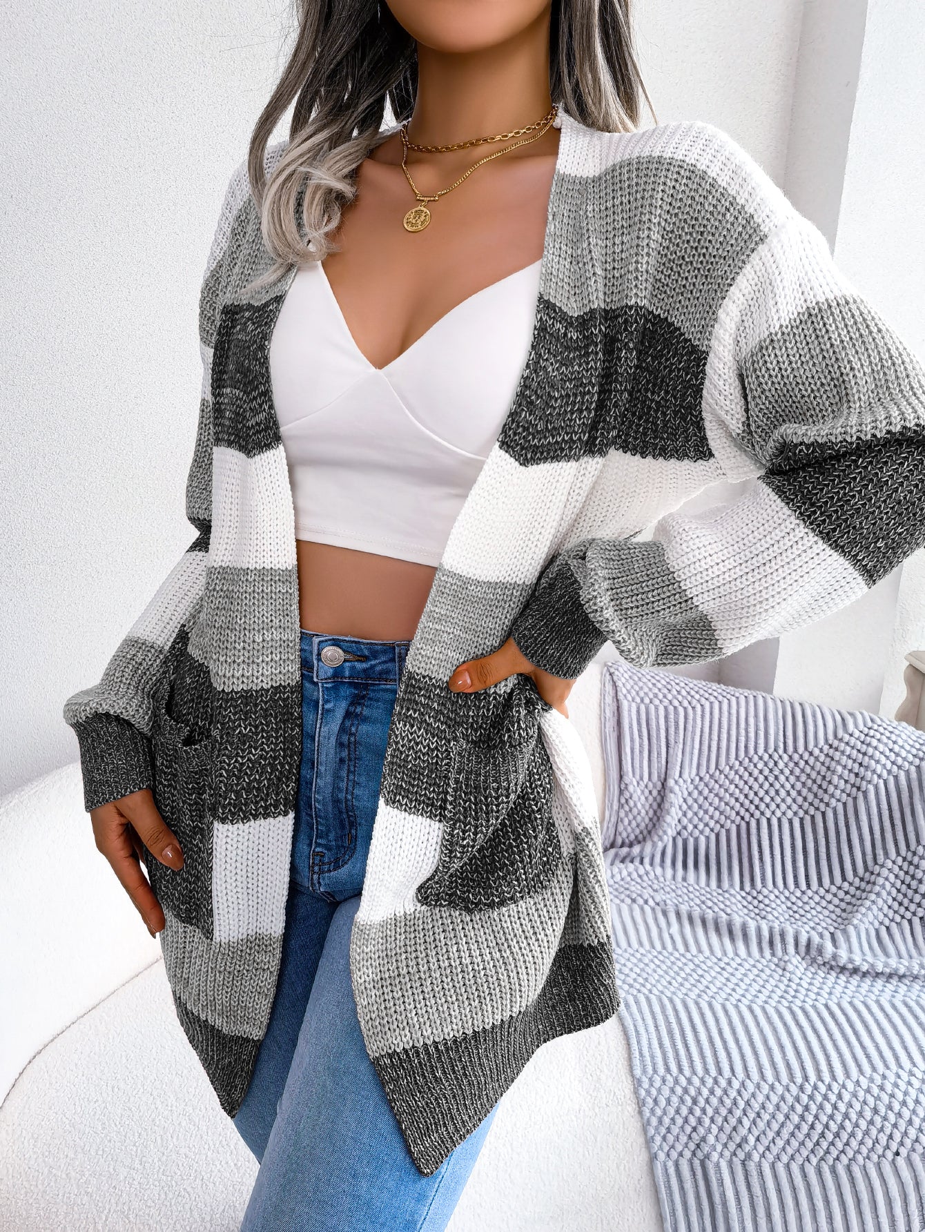 Women Color Block Stripe Lantern Sleeve Casual Cardigan Sweater Coat