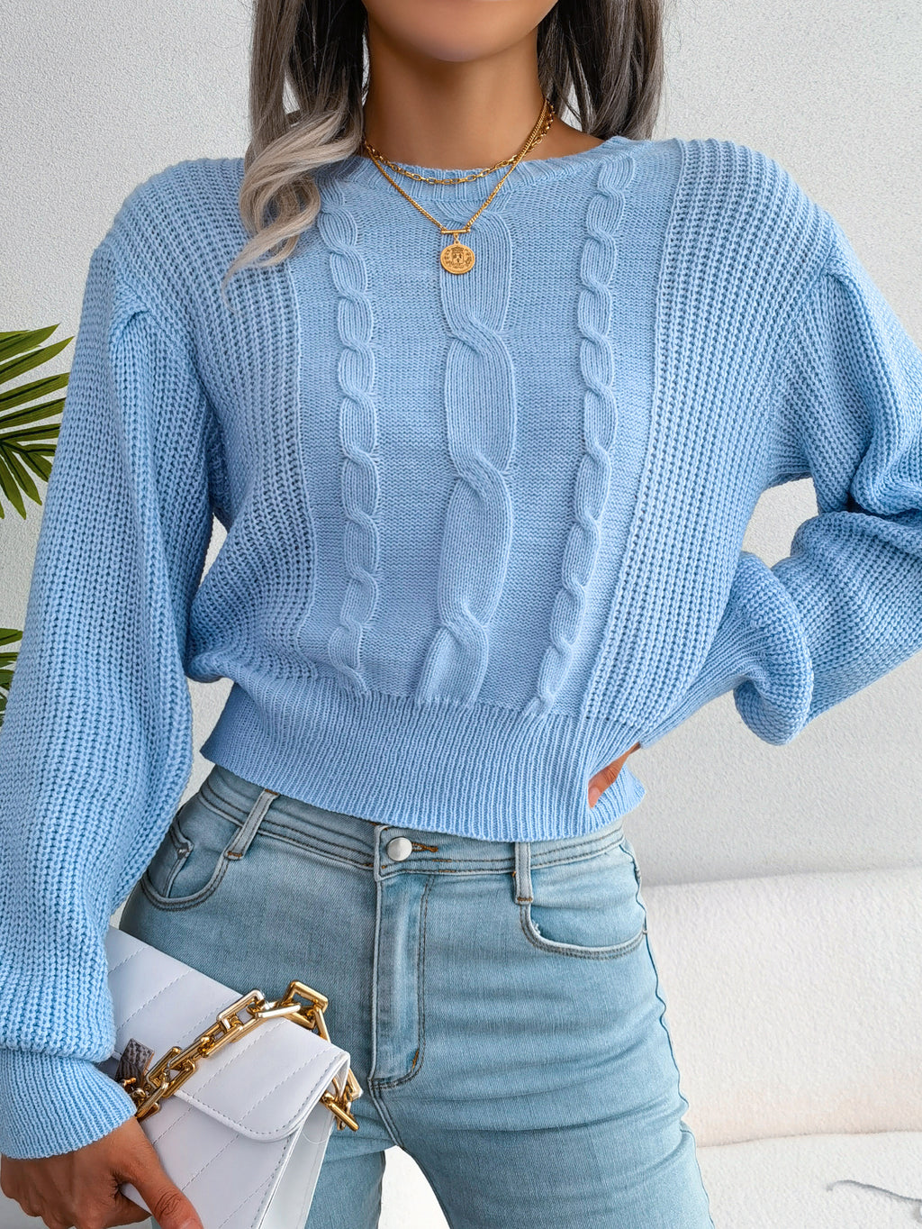 Women Casual Cable Knit Lantern Sleeve Cinched Sweater
