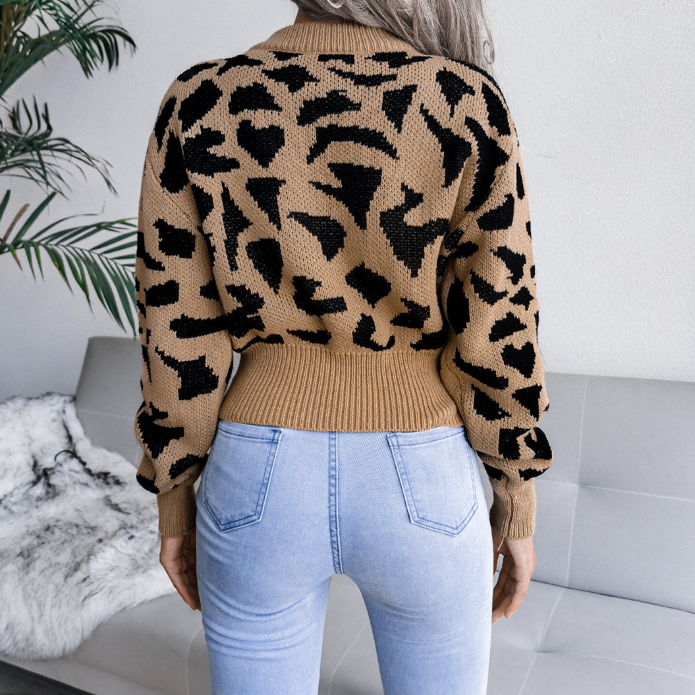 Women Casual Leopard Print Cinched Knit Cropped Sweater