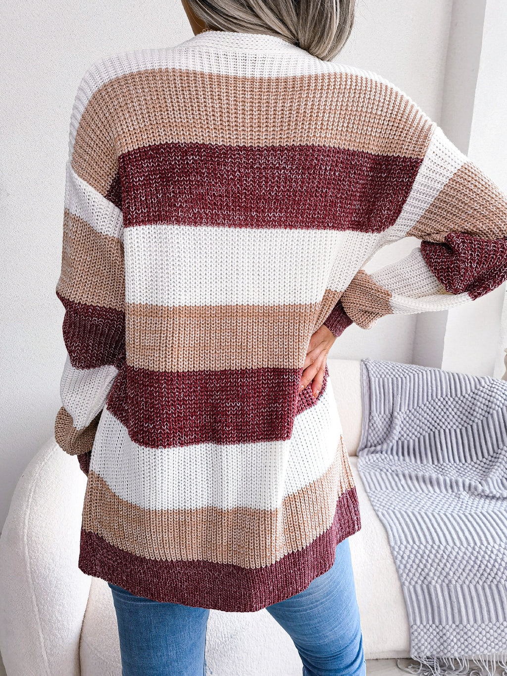 Women Color Block Stripe Lantern Sleeve Casual Cardigan Sweater Coat
