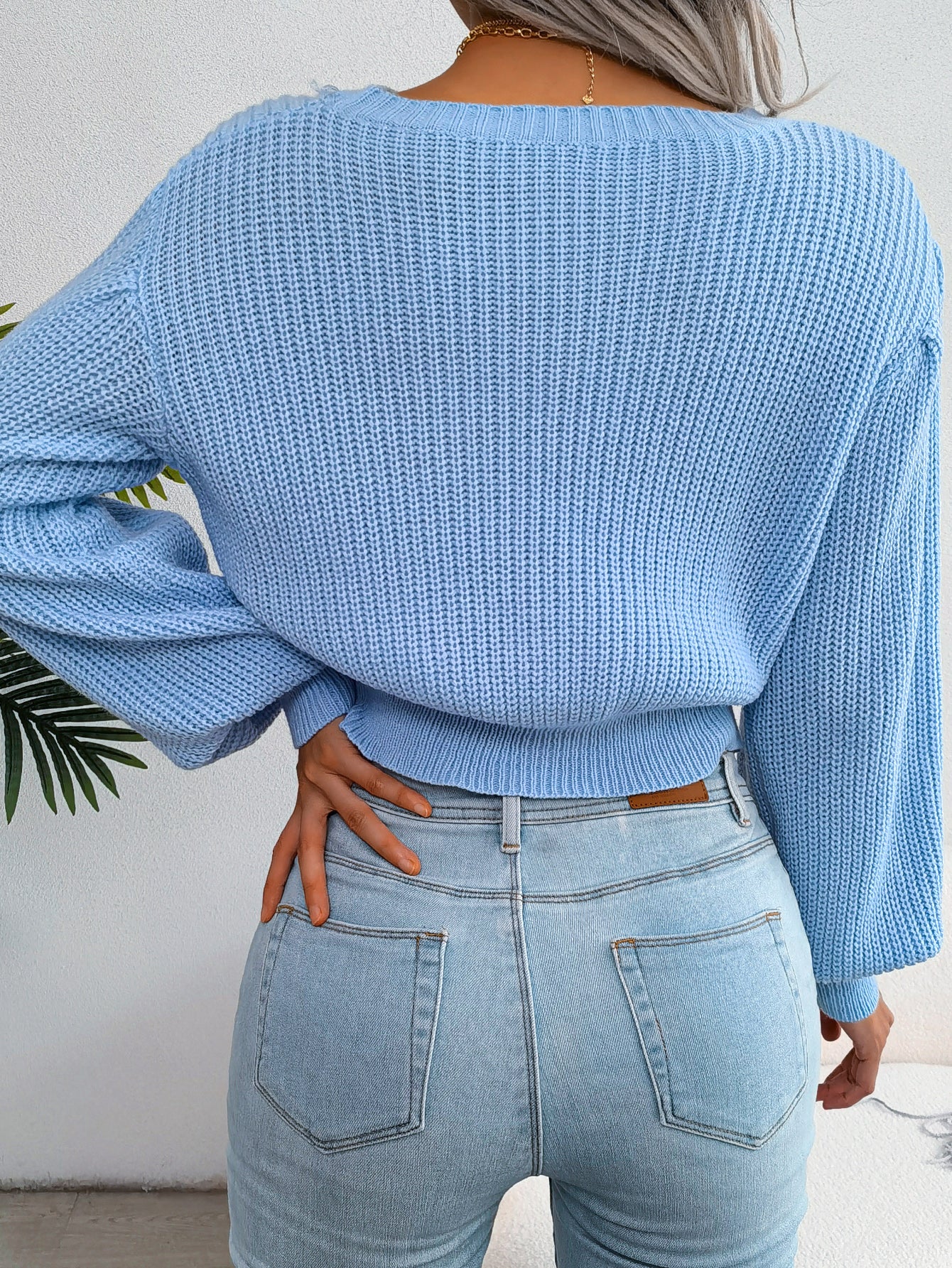 Women Casual Cable Knit Lantern Sleeve Cinched Sweater