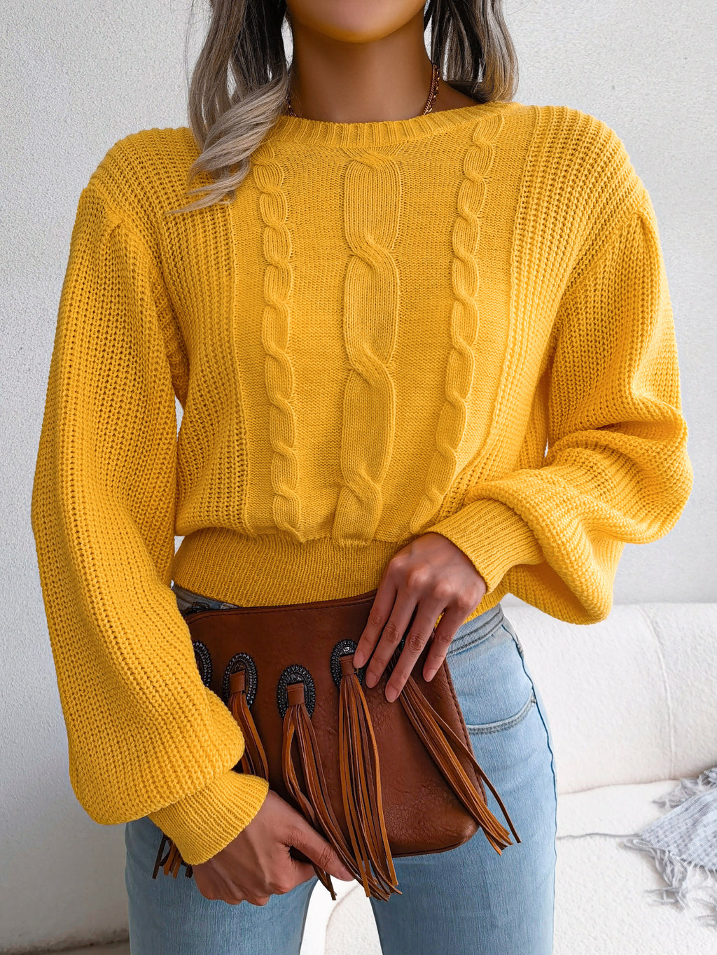 Women Casual Cable Knit Lantern Sleeve Cinched Sweater